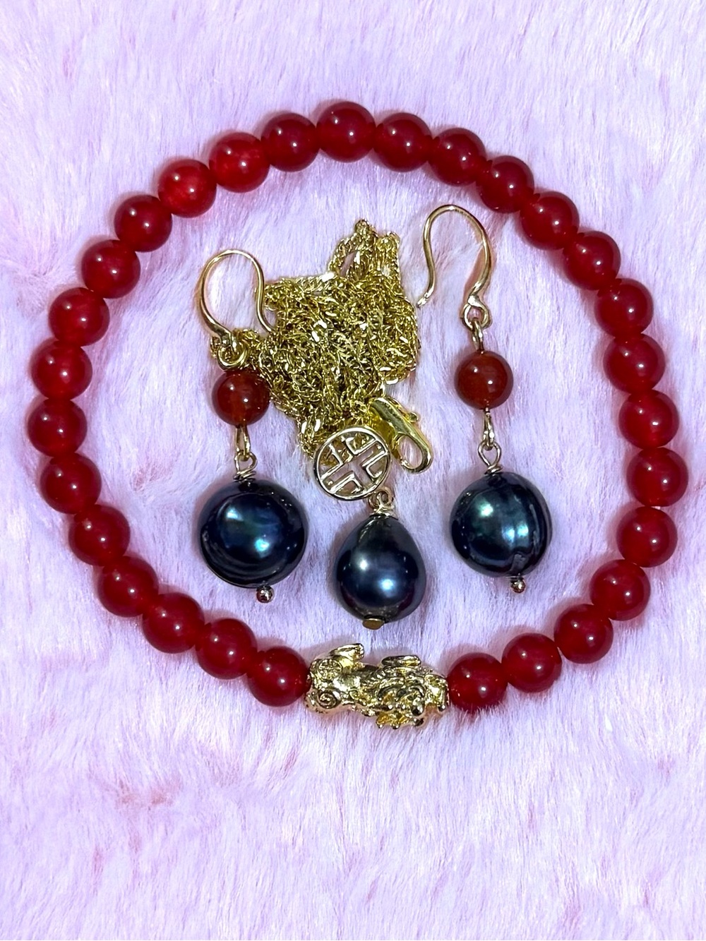 14K Gold Plated Black Tahitian Pendant Necklace,Earrings,Natural Garnet Bracelet